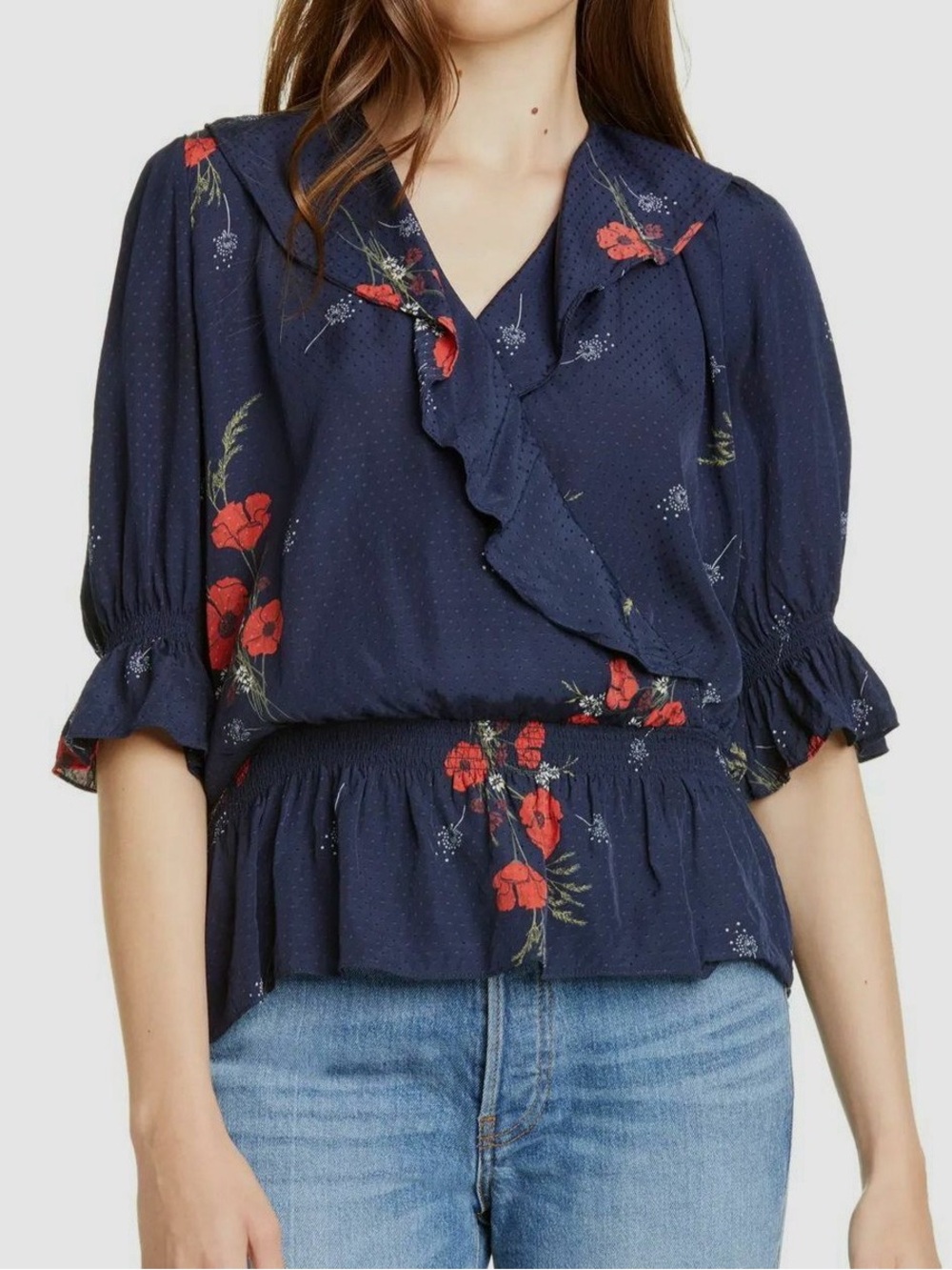 Joie Ottoline Floral Faux Wrap Ruffle Peplum Blouse Navy Red XS